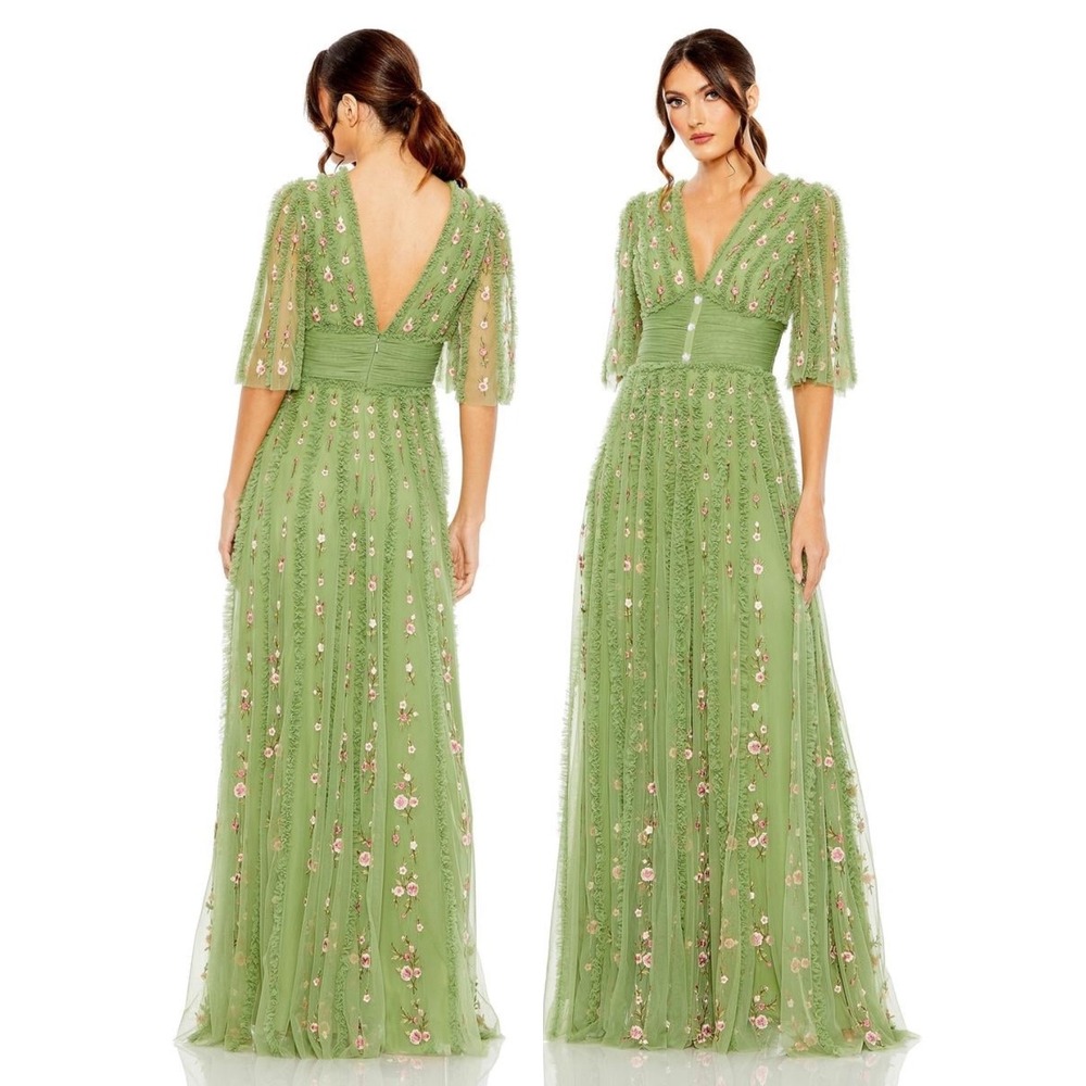 Mac Duggal Green Embroidered Tulle Maxi Dress